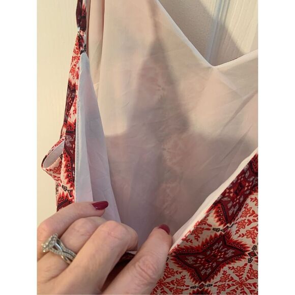LULUS SLIP DRESS SPAGHETTI STRAPS V NECK BOHO CORAL/RED/WHITE OFFICE SIREN SZ L - Picture 10 of 13